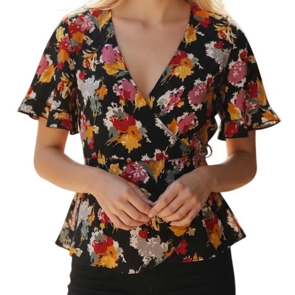 ZARA Trafuluc  Collection Floral Print Ruffled‎ Sleeve Wrap Blouse NWOT Size  XS